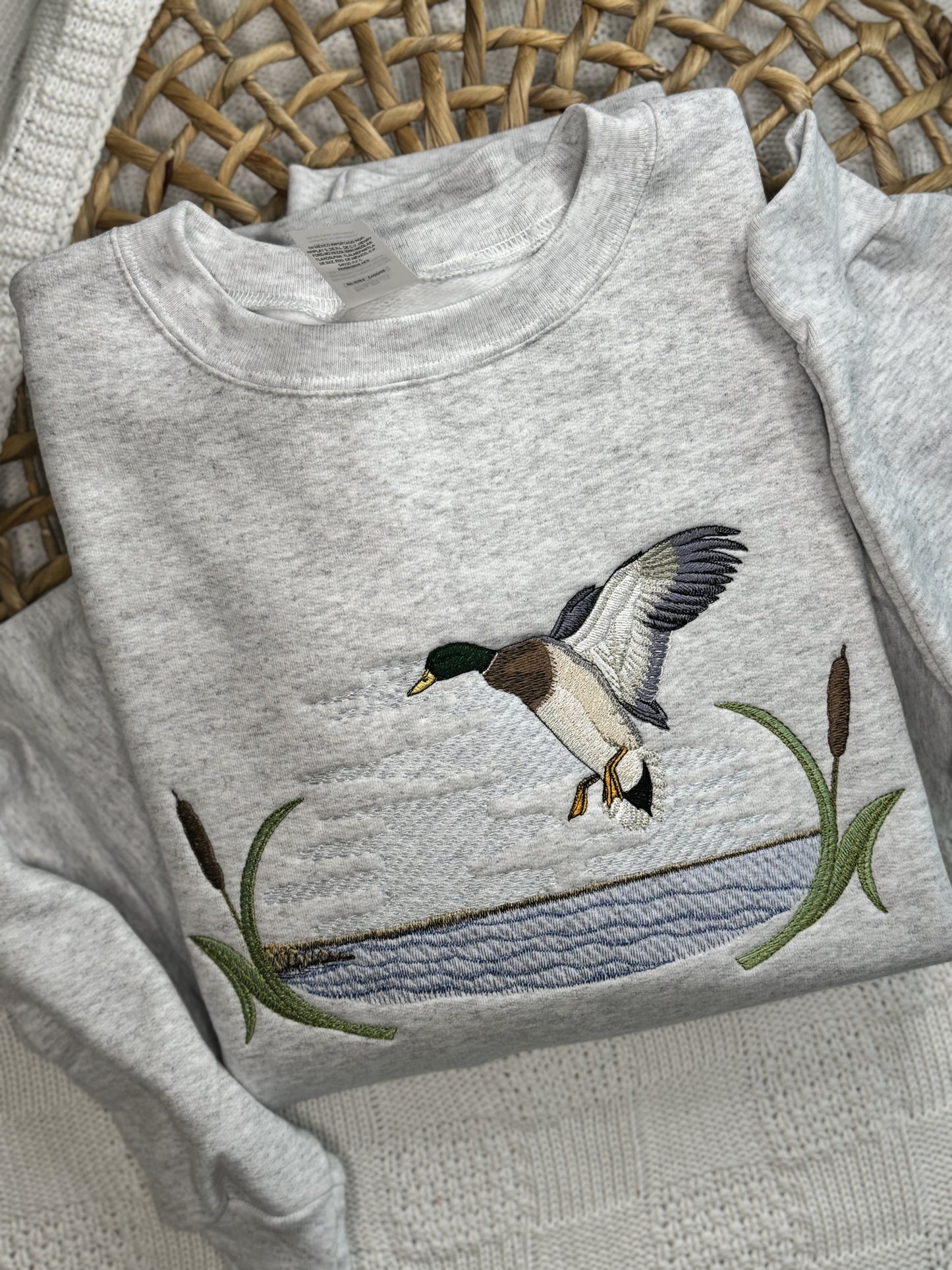 Embroidered Mallard Duck Scene Sweatshirt