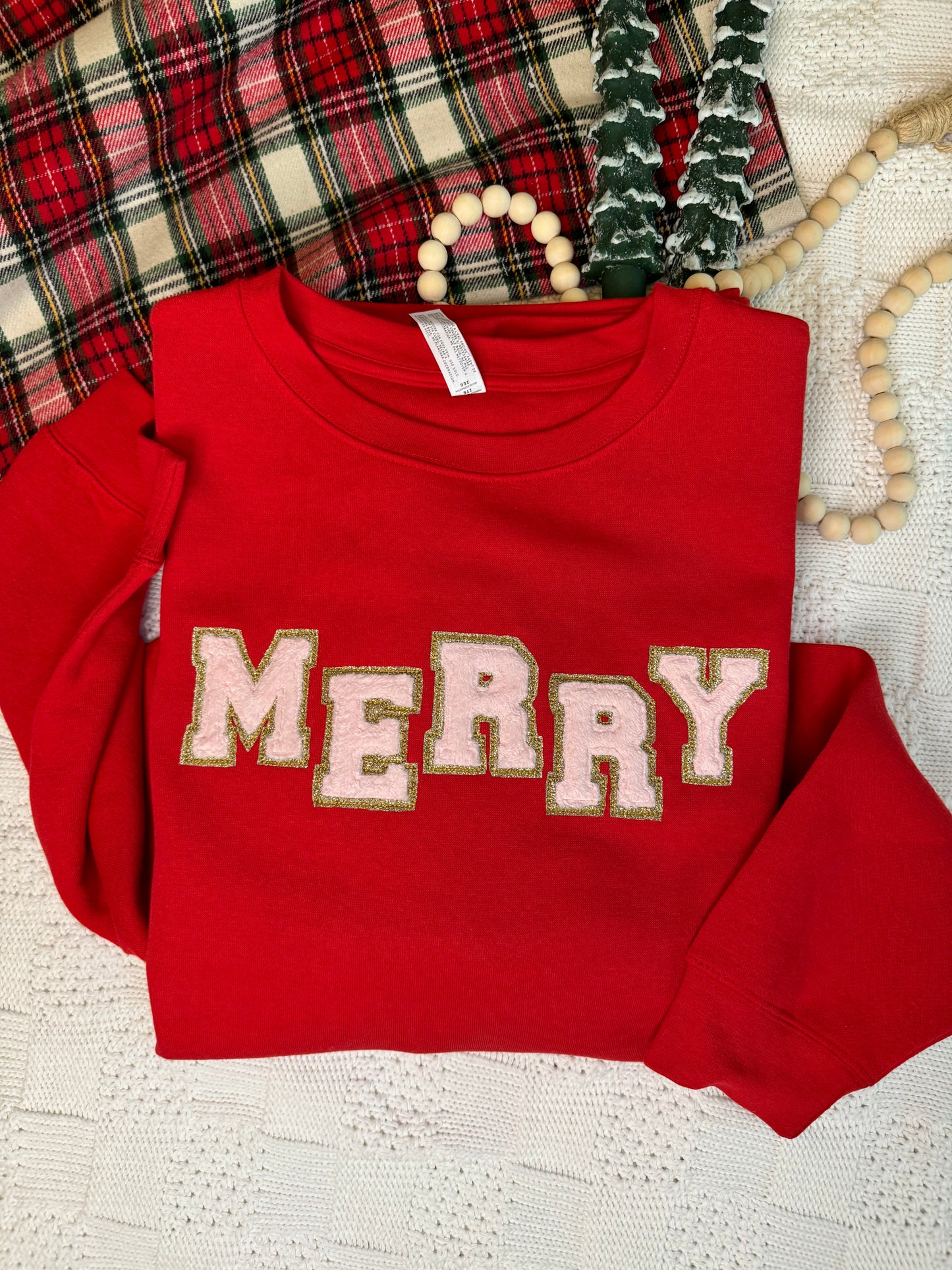 Merry Embroidered Applique glitter and "faux" chenille letters sweatshirt