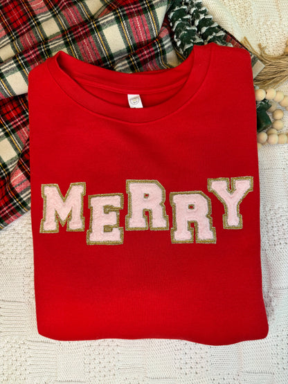 Merry Embroidered Applique glitter and "faux" chenille letters sweatshirt