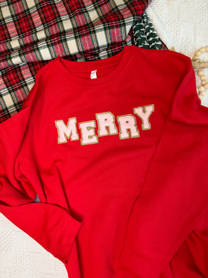 Merry Embroidered Applique glitter and "faux" chenille letters sweatshirt