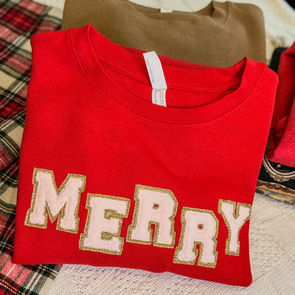 Merry Embroidered Applique glitter and "faux" chenille letters sweatshirt