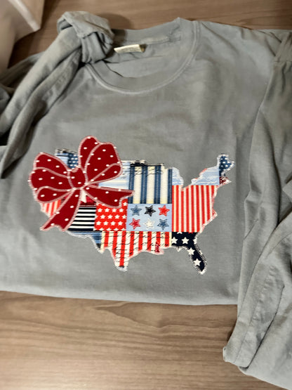 Embroidered Long Sleeve T USA Map Outline with Bow