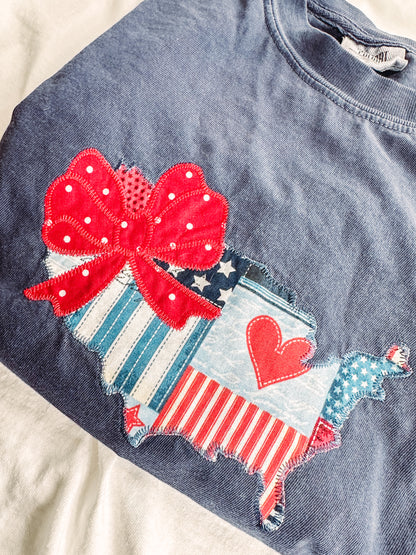 Short sleeve T-shirt embroidered US map with bow