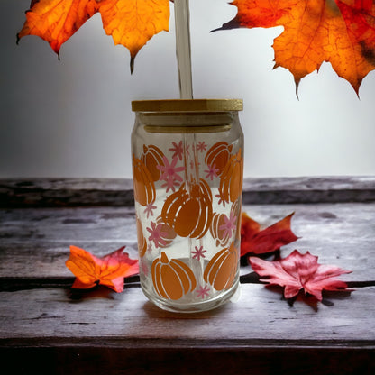 Pumpkin and daisies glass cup